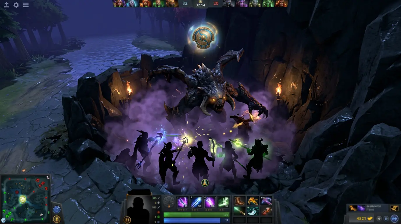 Roshan en su pit con humo de smokes alrededor durante una pelea profesional de Dota 2