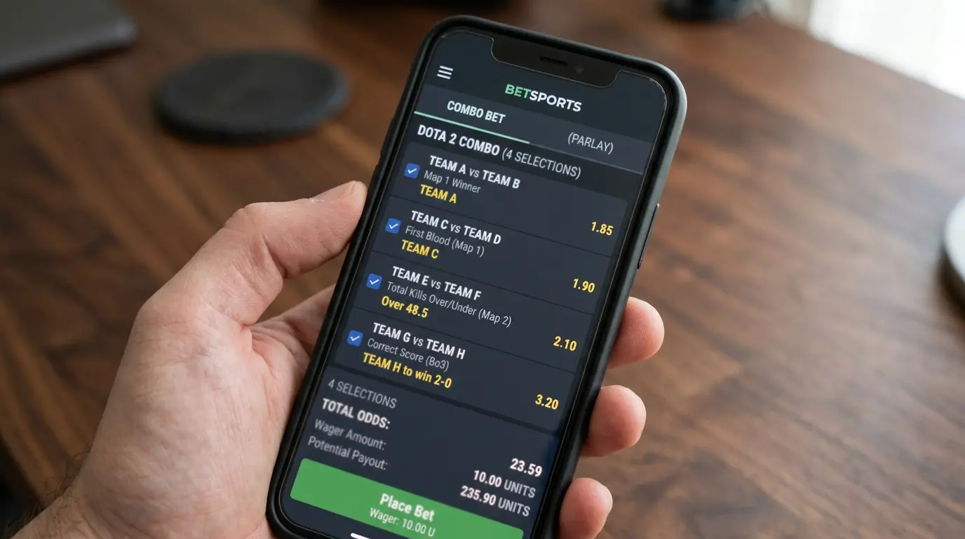 Boleto de apuesta combinada de Dota 2 con varios mercados seleccionados en pantalla móvil