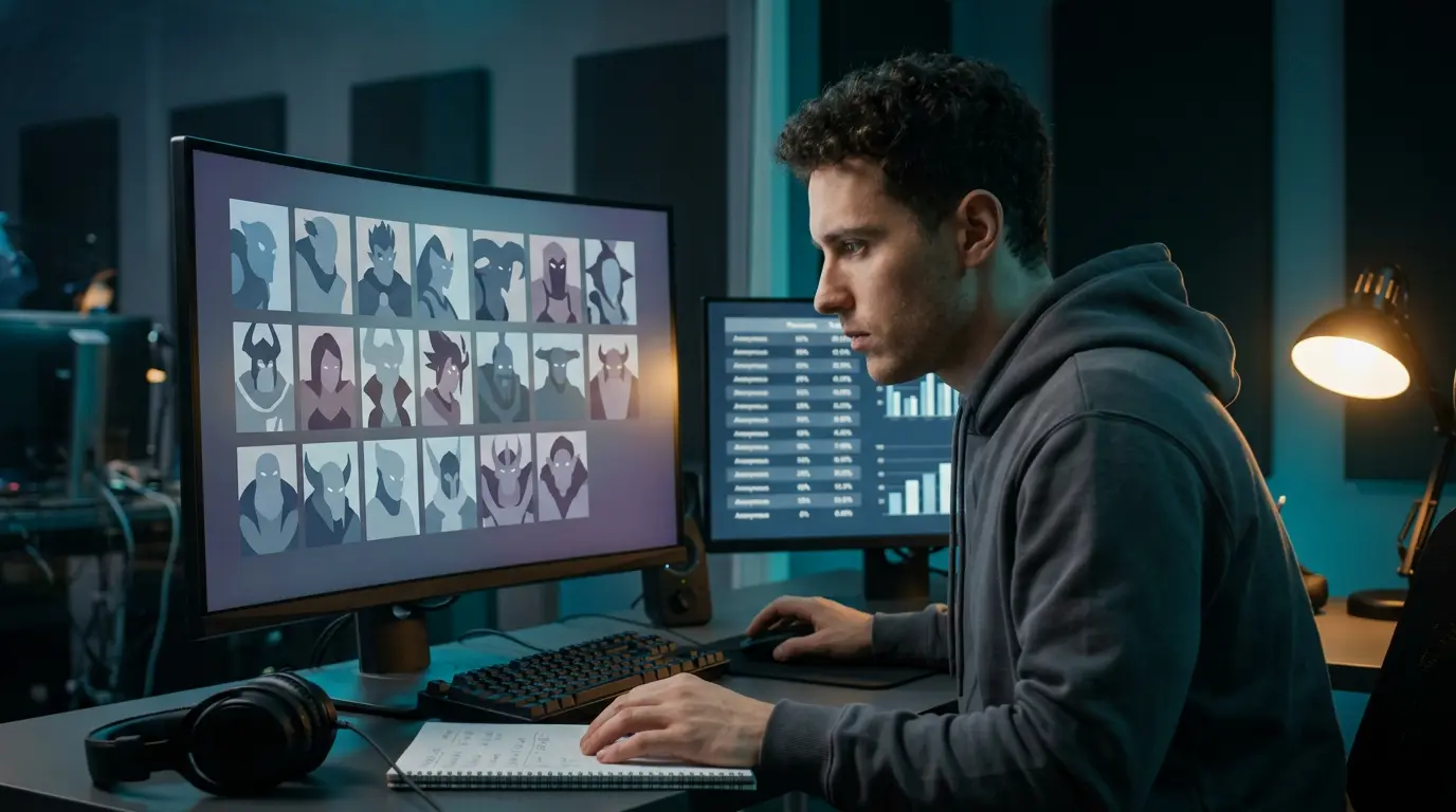 Jugador profesional de Dota 2 analizando la fase de draft en pantalla durante un partido competitivo