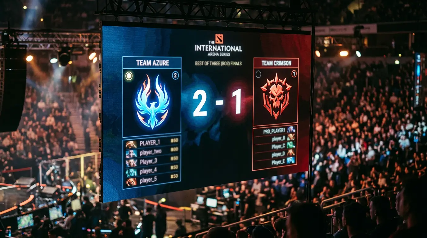 Marcador de serie best of three en Dota 2 con resultado dos a uno mostrado en pantalla