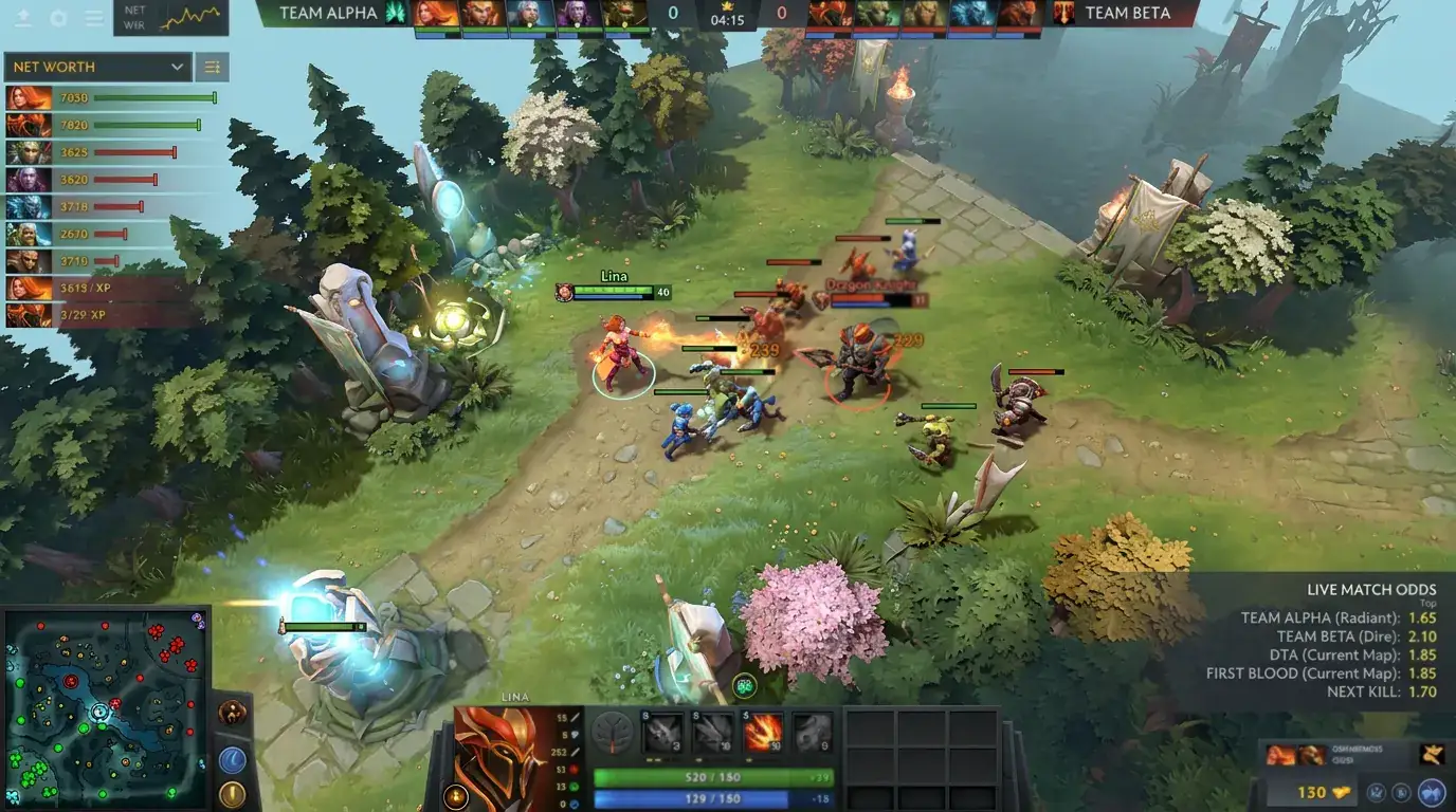 Pantalla de transmisión de Dota 2 con cuotas en directo en superposición durante la fase de laning