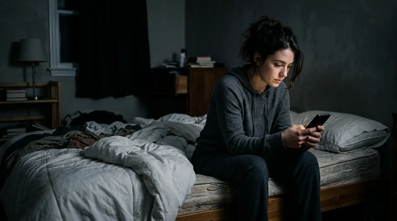 Persona joven sentada a solas en una habitación con luz tenue mirando su teléfono